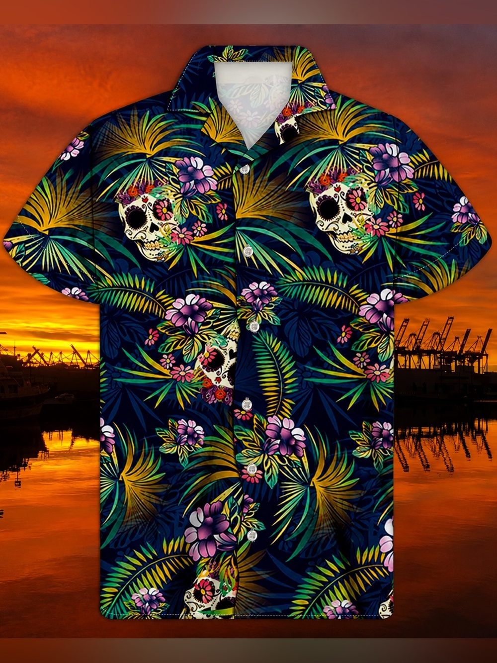 Men’s Tropical Hawaiian Sugar Skull Button-Up Shirt Size L Navy Floral Print